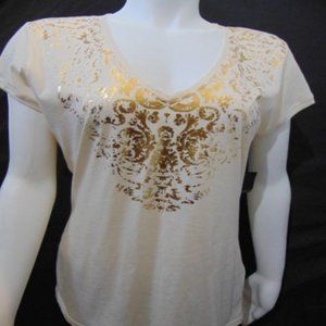 TAHARI   Casual fashion t-shirt for women,   size "L"  cream color,  gold print.